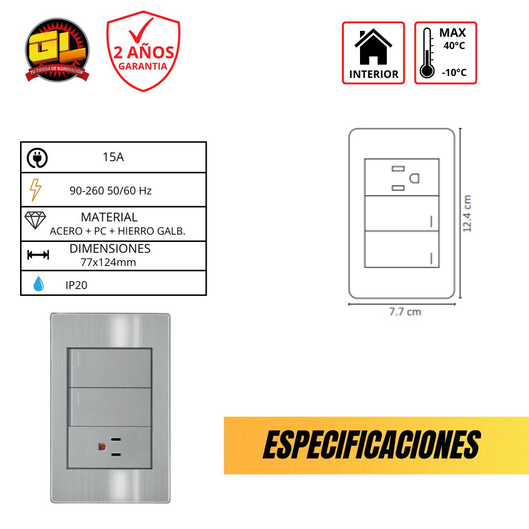 Placa de Contacto y Apagador de 2 Interruptores 2 Vías