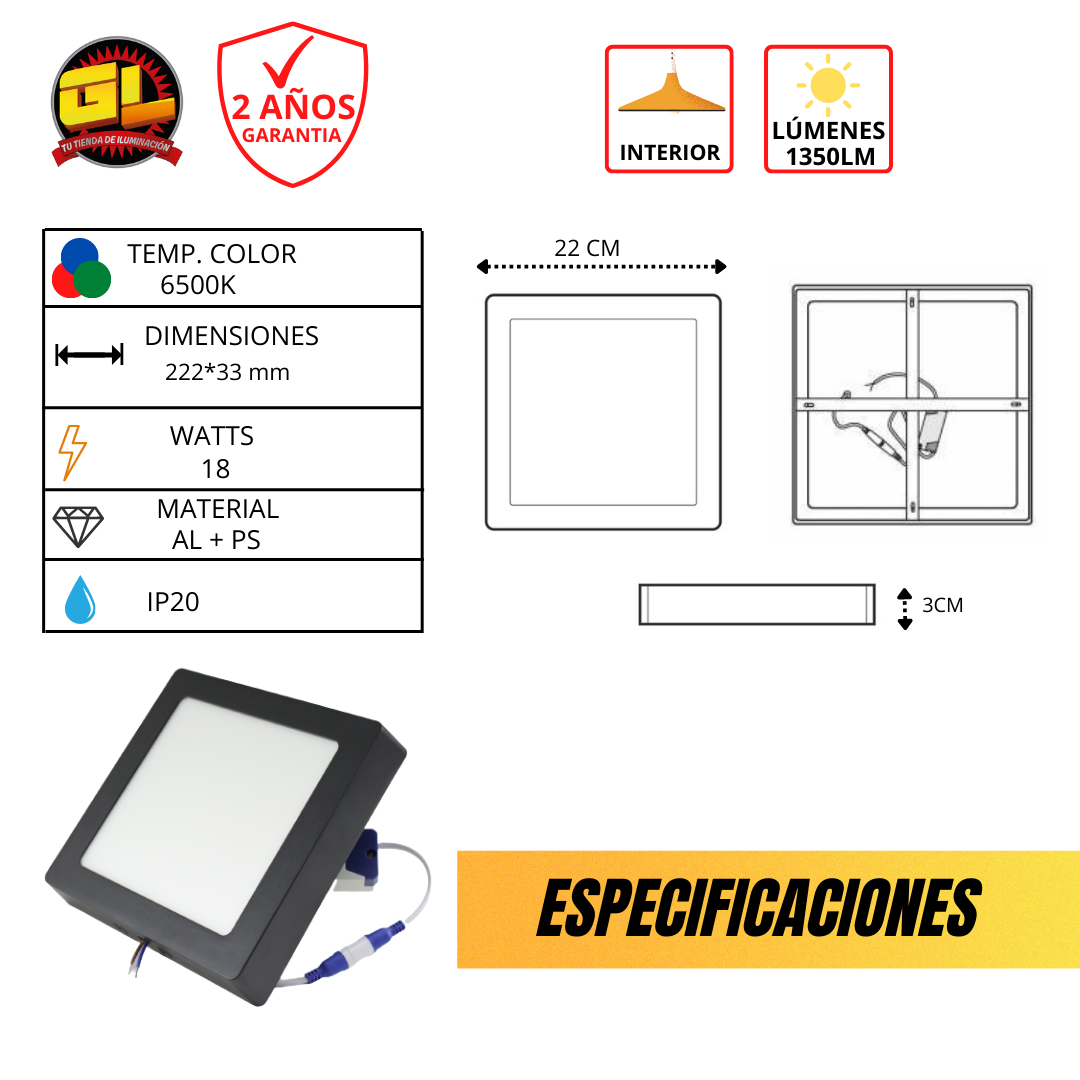 Lámpara LED Sobreponer Cuadrado 18w Negro 6500K