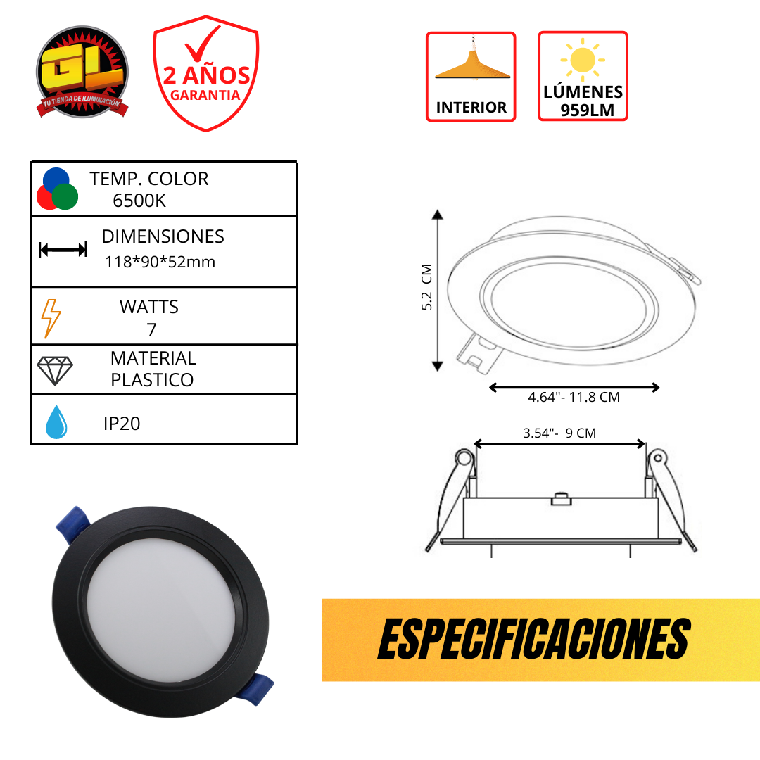 Empotrable Downlight (negro mate) 7w Luz Blanca